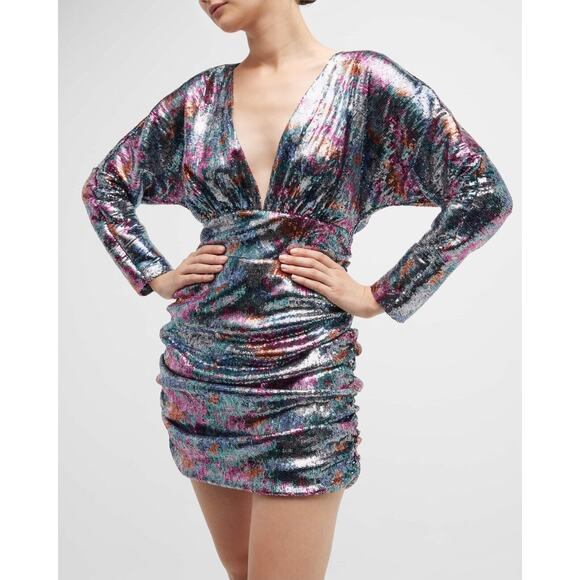 NWT Ramy Brook Auerbach Multicolor All Over Sequin Ruched Mini Dress Sz 10 $795 - Picture 4 of 16